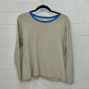 Vintage Lands End  Long Sleeve grew and white stripe Top with Blue Trim